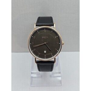 Breda 1739D Rose Gold Olive Dial Date Black Leather Quartz Watch New Battery